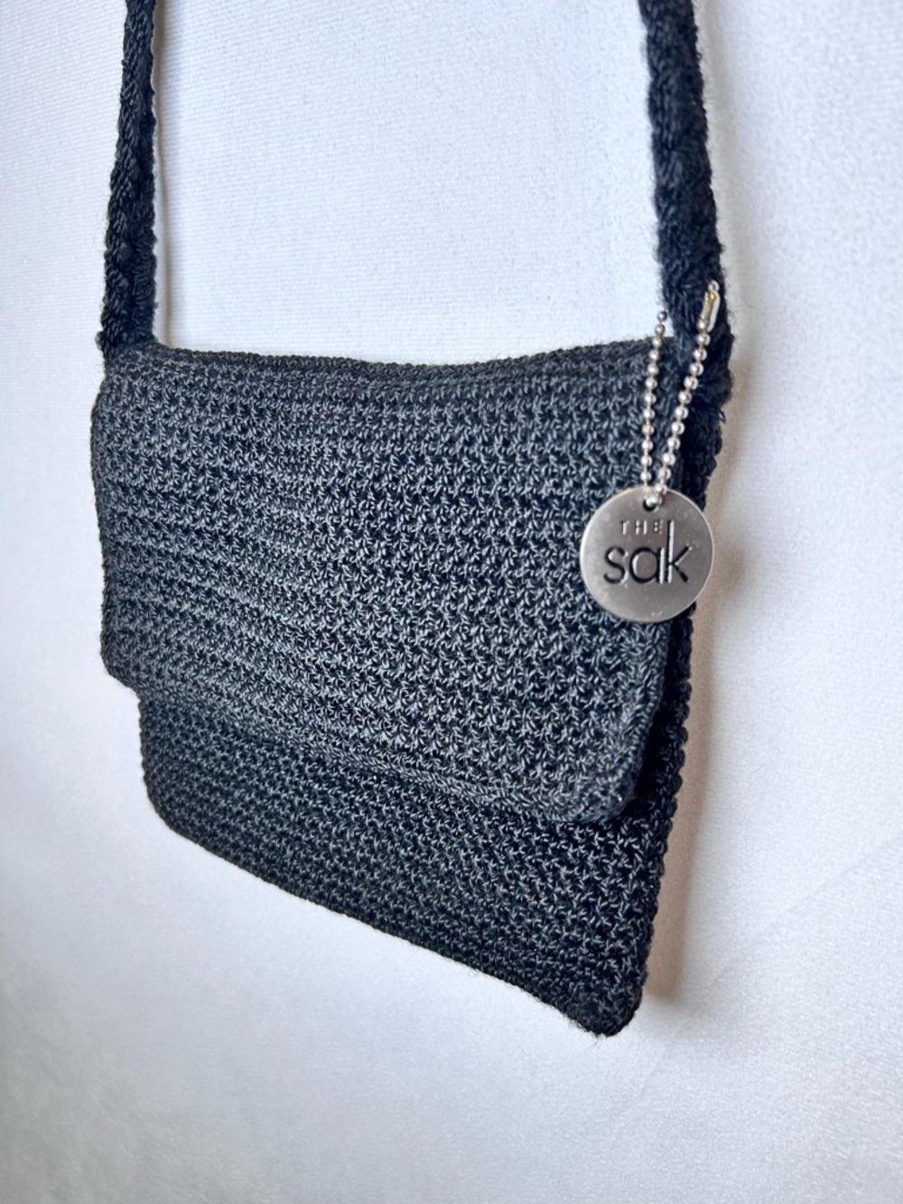 The Sak Black Crochet Knit Small Crossbody Bag Flap Purse Boho Festival